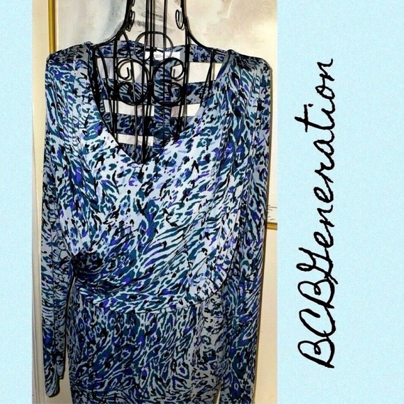 BCBGeneration BLUE ABSTRACT PRINT CAGED BACK DRESS, BLOUSON TOP~MEDIUM - Picture 1 of 5